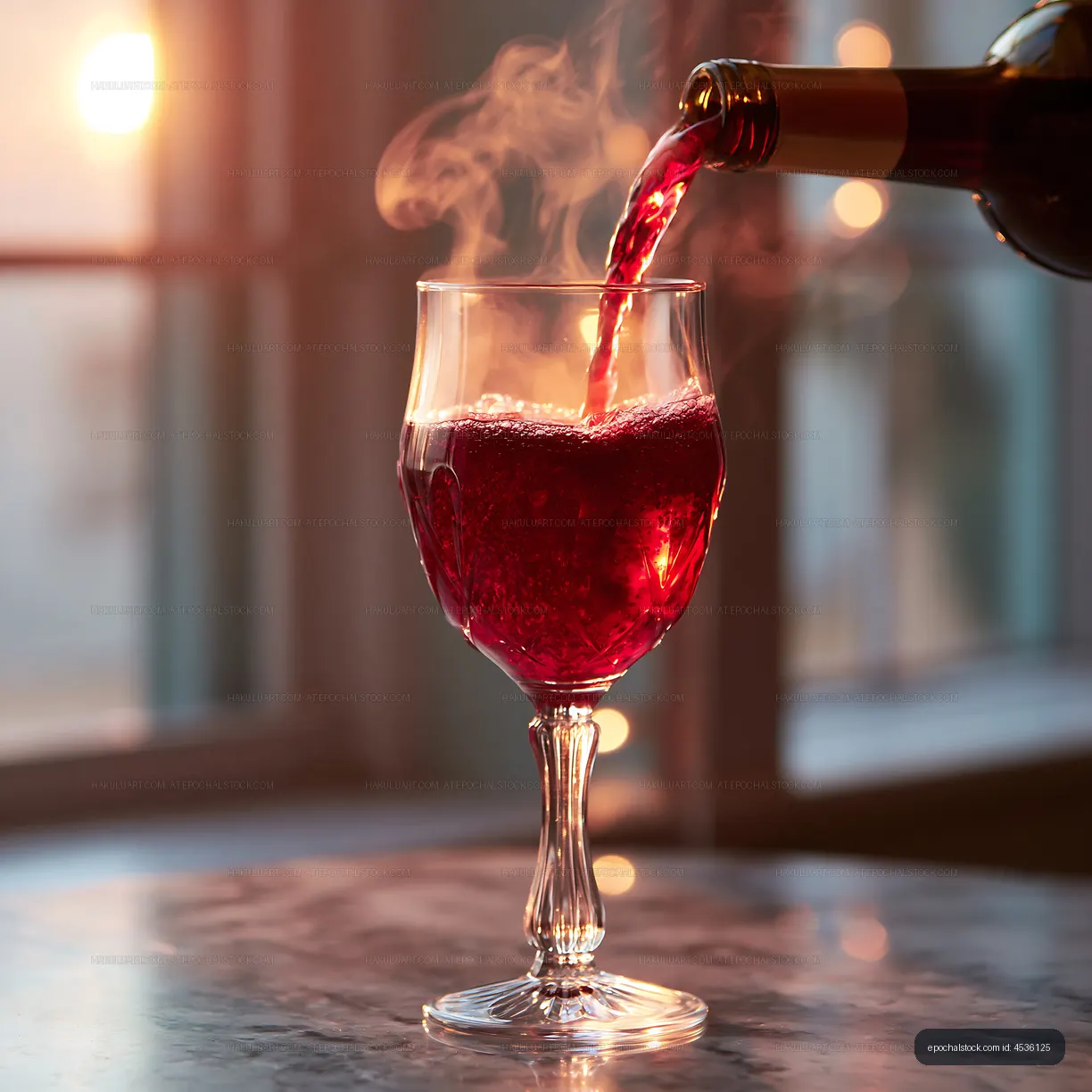 Wine pouring into a stemmed glass with atmospheric vapor