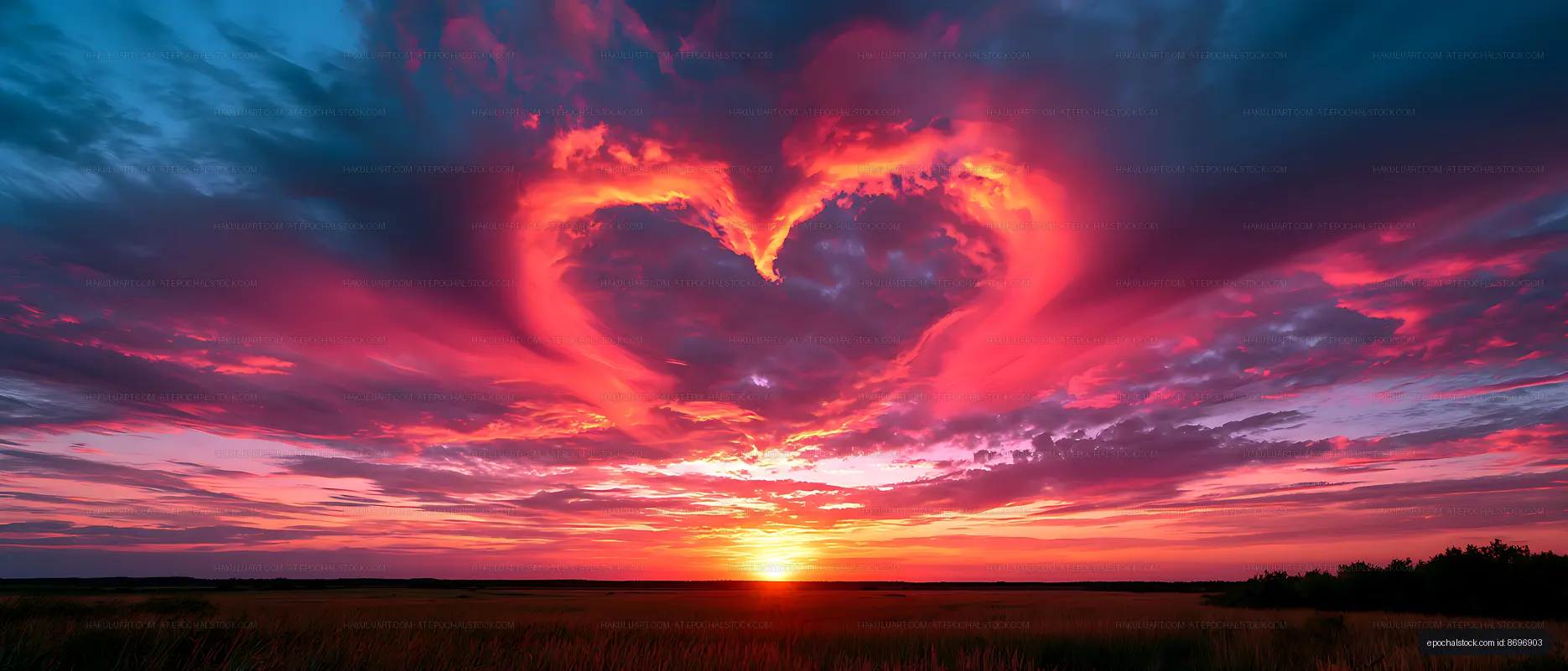 Colorful sunset landscape with a heart-shaped cloud