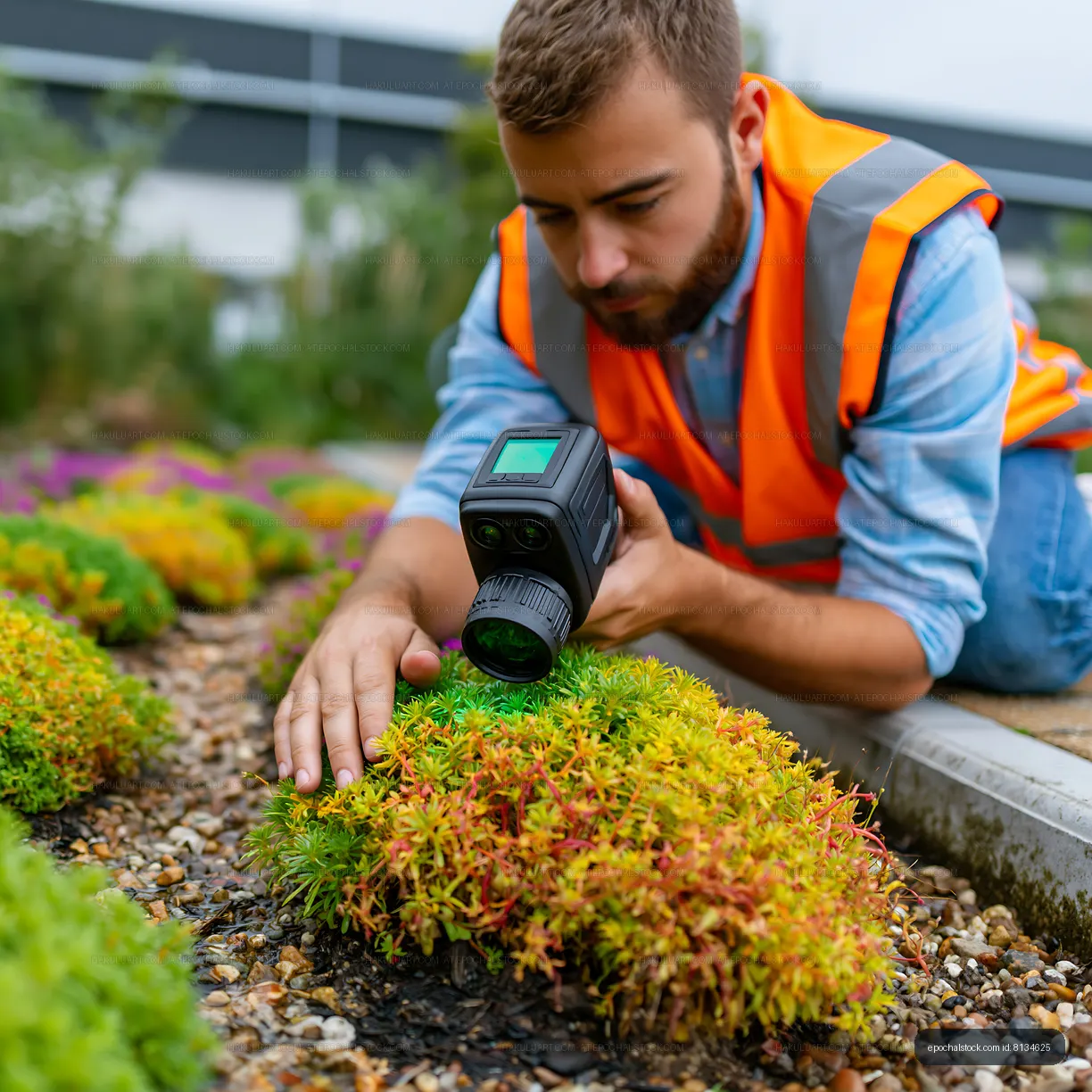 Close-up of worker inspecting plants with thermal camera