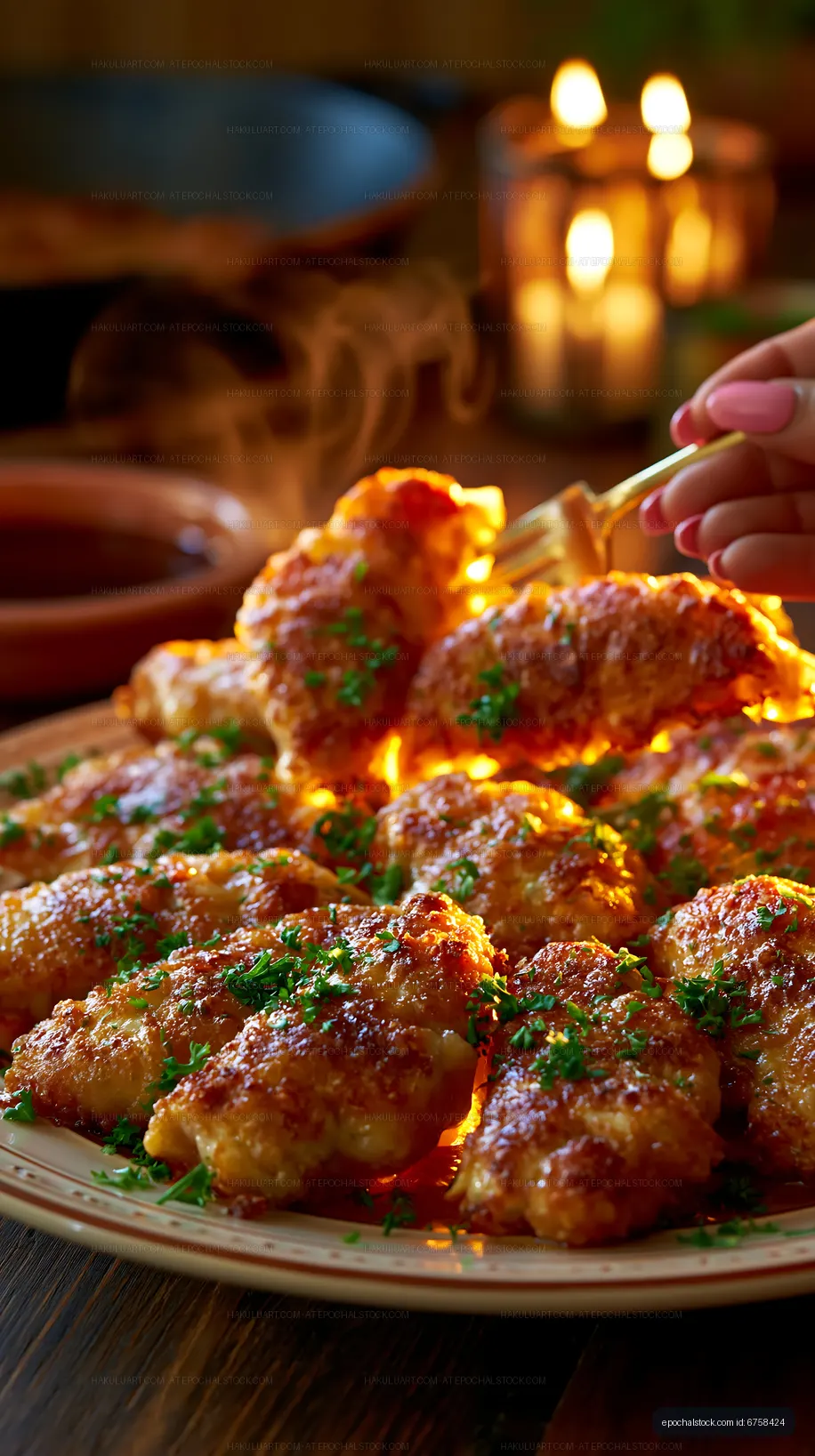 Browned glazed meatballs with parsley in warm candlelight