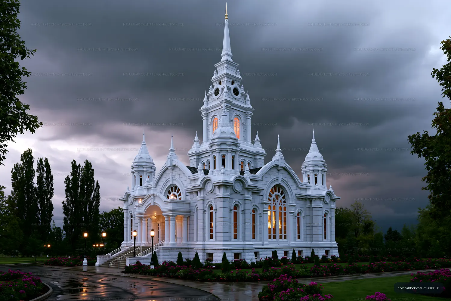 Ornate white church and spire in a rain-washed garden