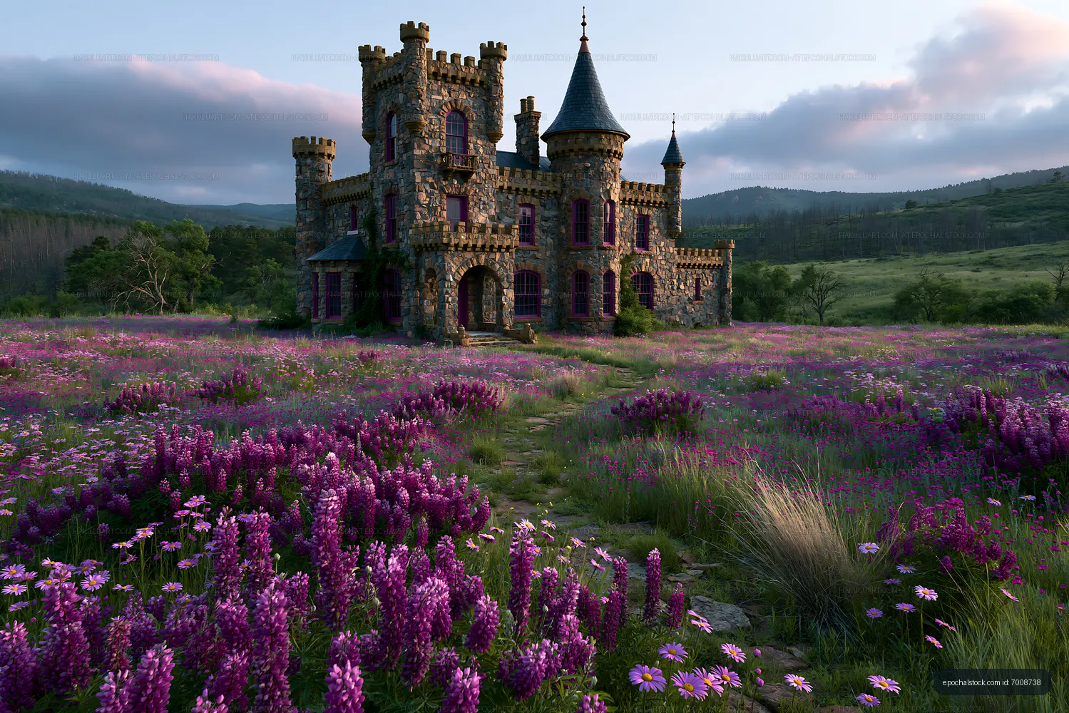 Turreted stone castle amid purple wildflowers