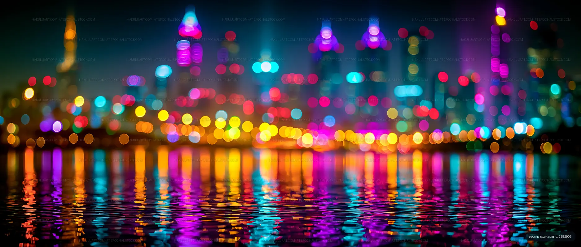 Colorful city lights reflected on water at night