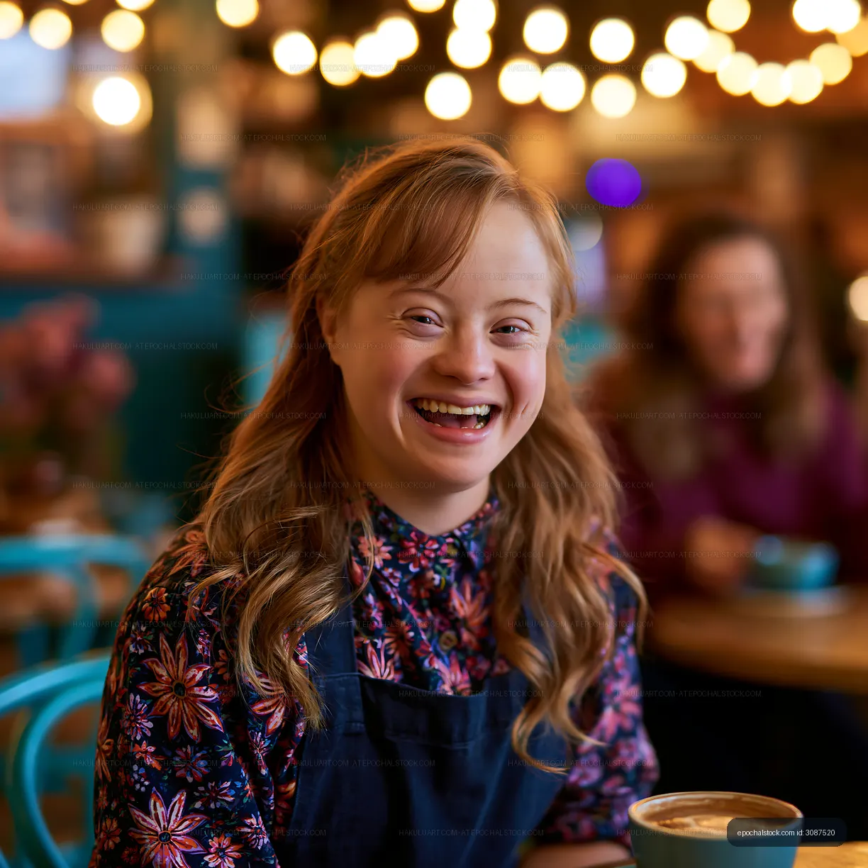 Close portrait of a laughing girl at a cafe