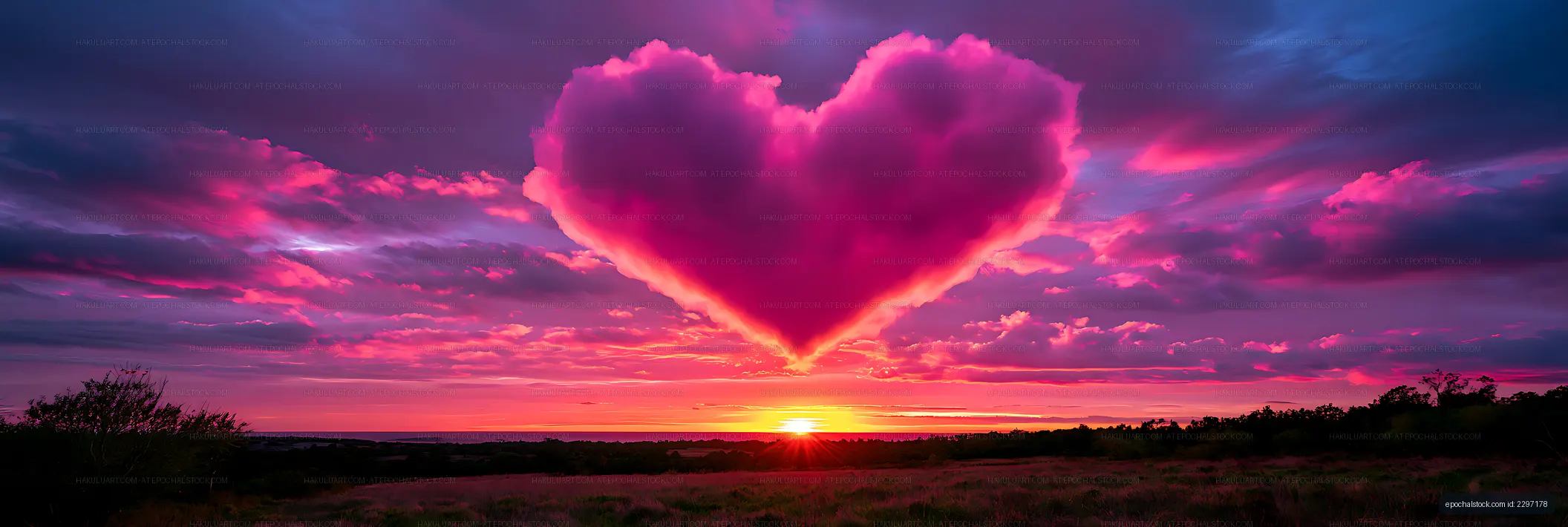 Surreal heart-shaped cloud over a glowing sunset landscape