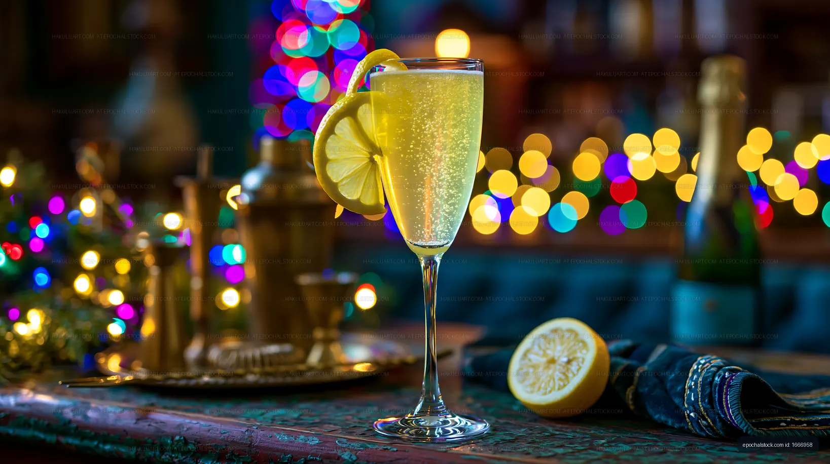 Bubbly lemon drink in a glass surrounded by colorful bar lights
