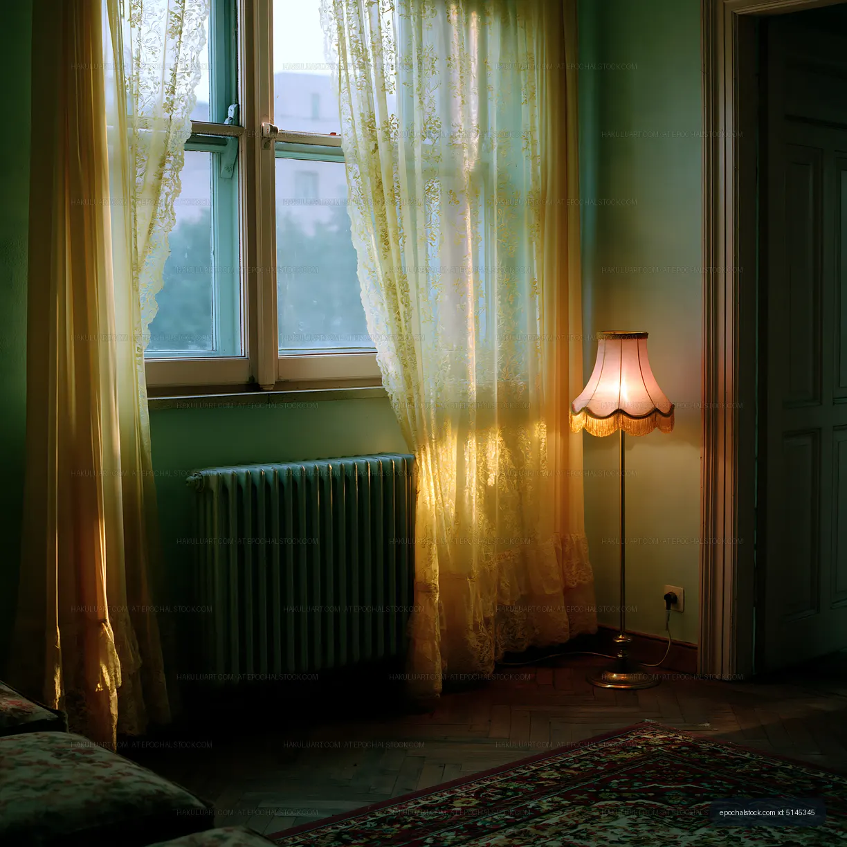 Warm vintage room interior with lace curtains and lamp
