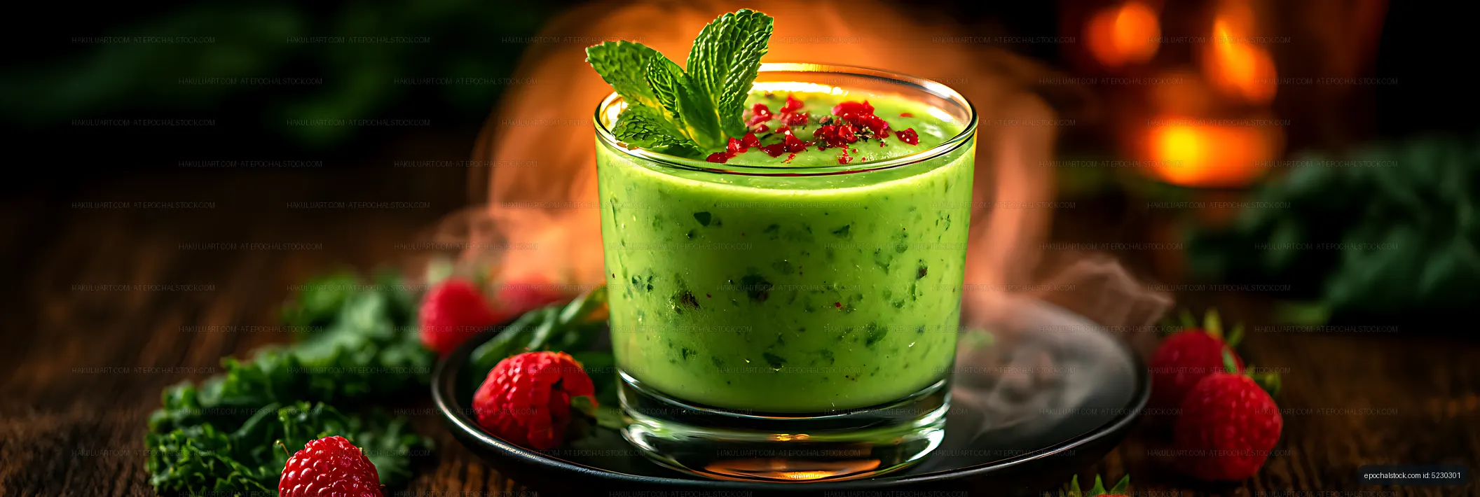 Green smoothie with mint garnish and raspberries