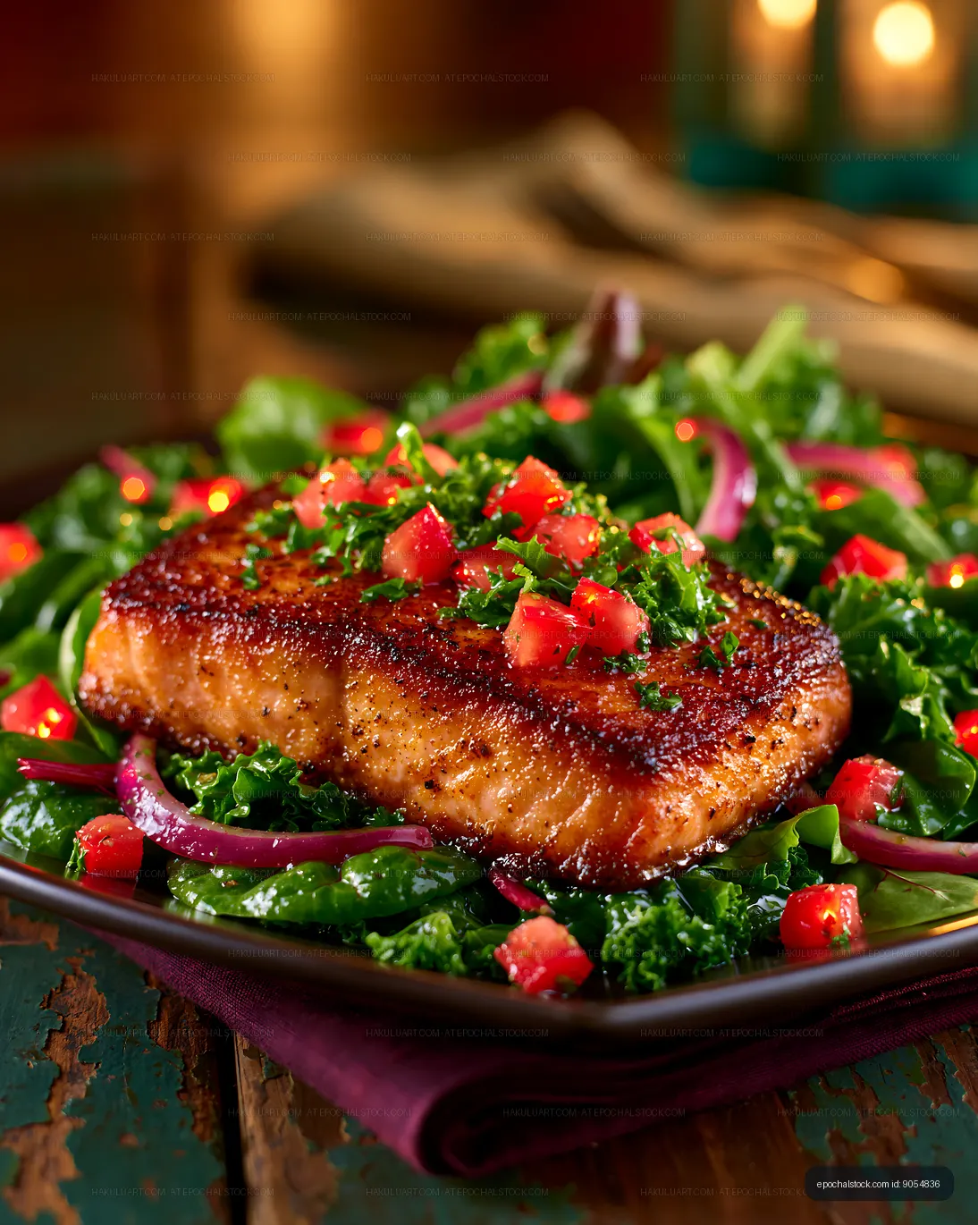 Close-up of grilled salmon with colorful leafy salad