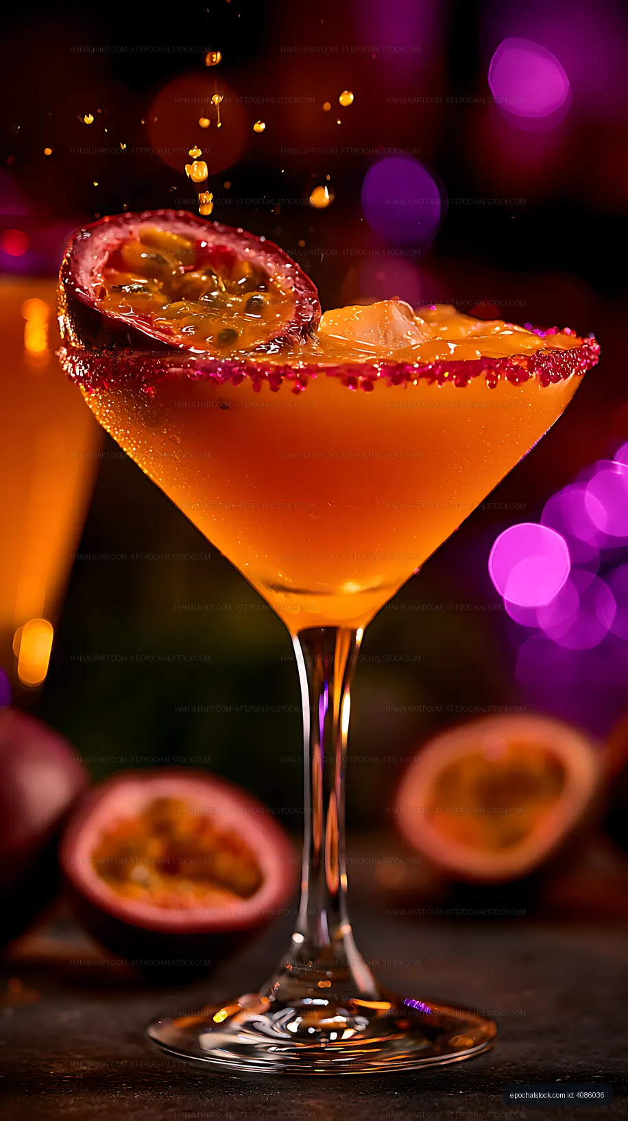 Orange cocktail with passion fruit garnish and vivid bokeh