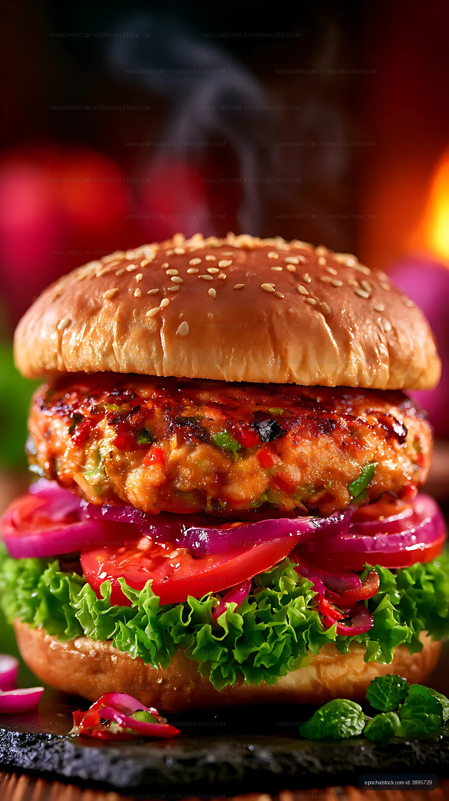 Colorful gourmet burger with sesame bun and fresh toppings