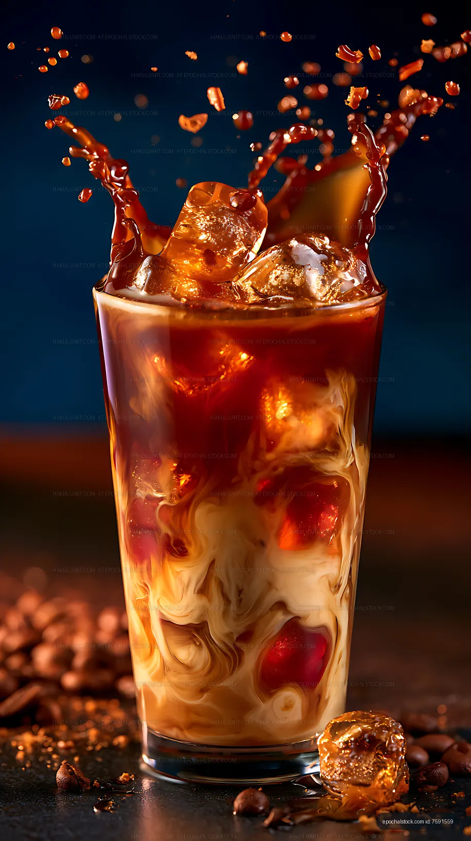 Iced coffee with cream, chocolate, ice, and splash