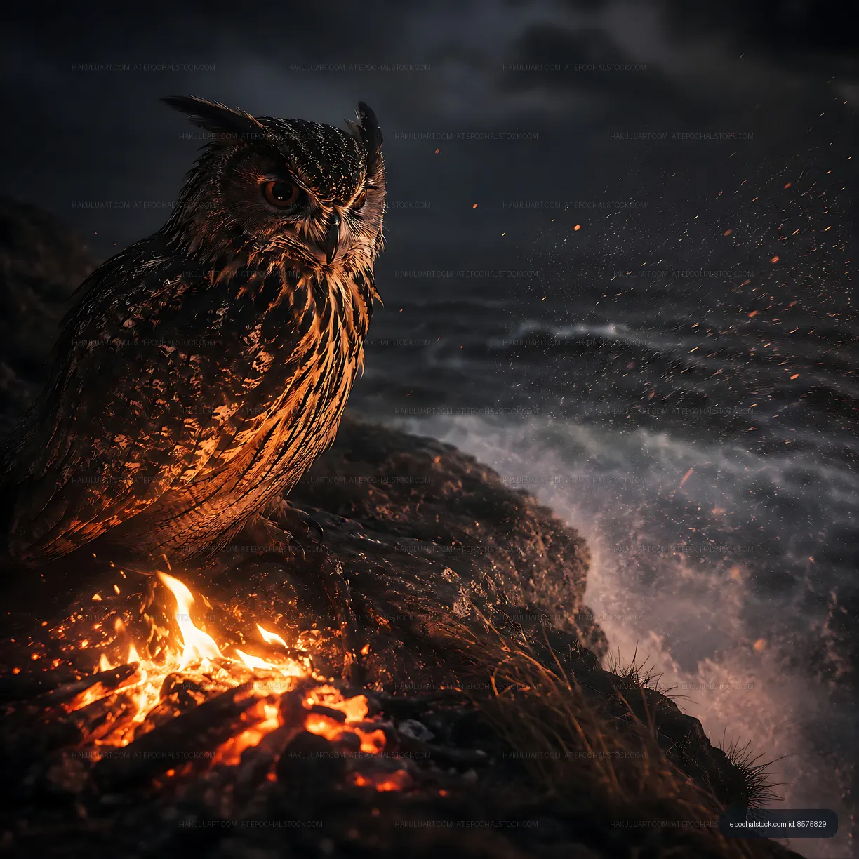 Owl perched by the shore near a fire at night