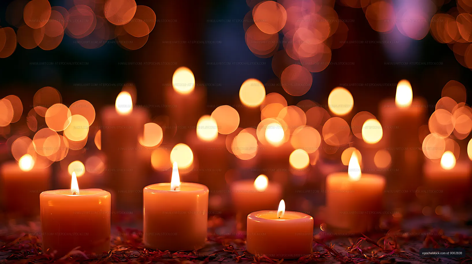 Warm glowing candles and colorful bokeh