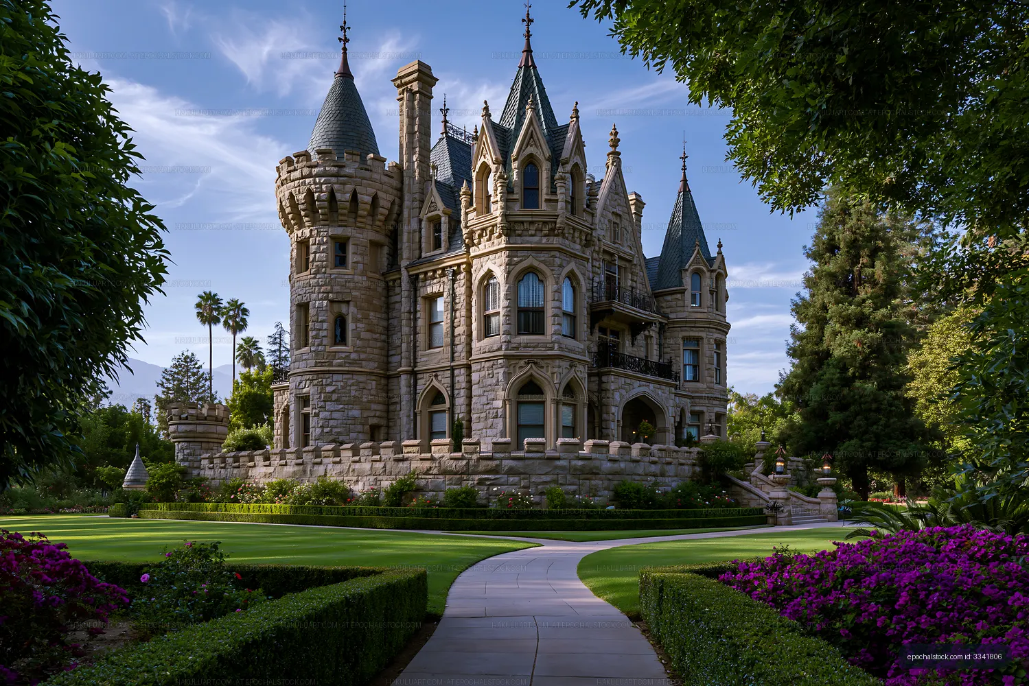 Grand Gothic-style mansion with turrets and flower gardens