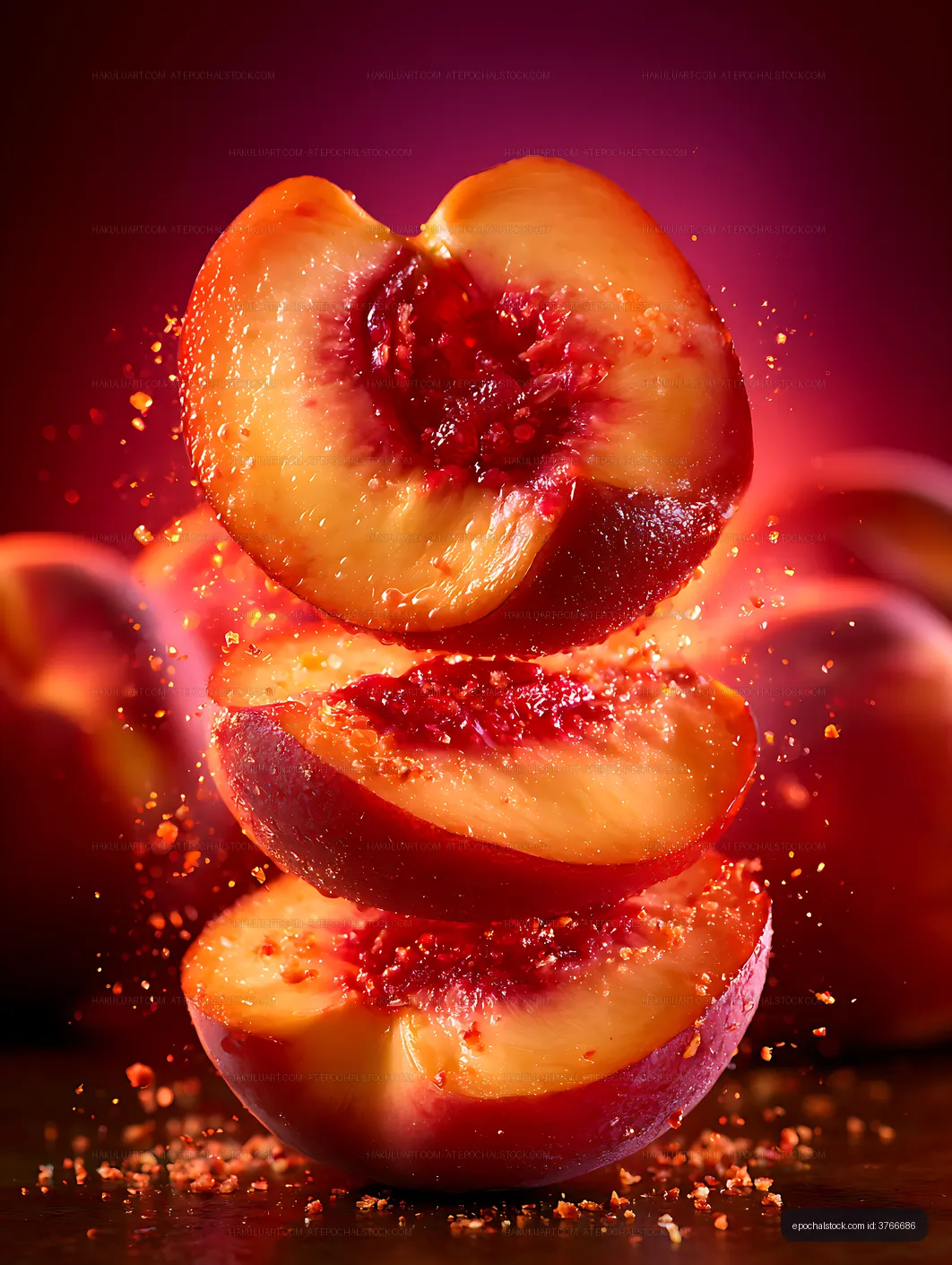 Close-up of stacked peach slices with splashing juice