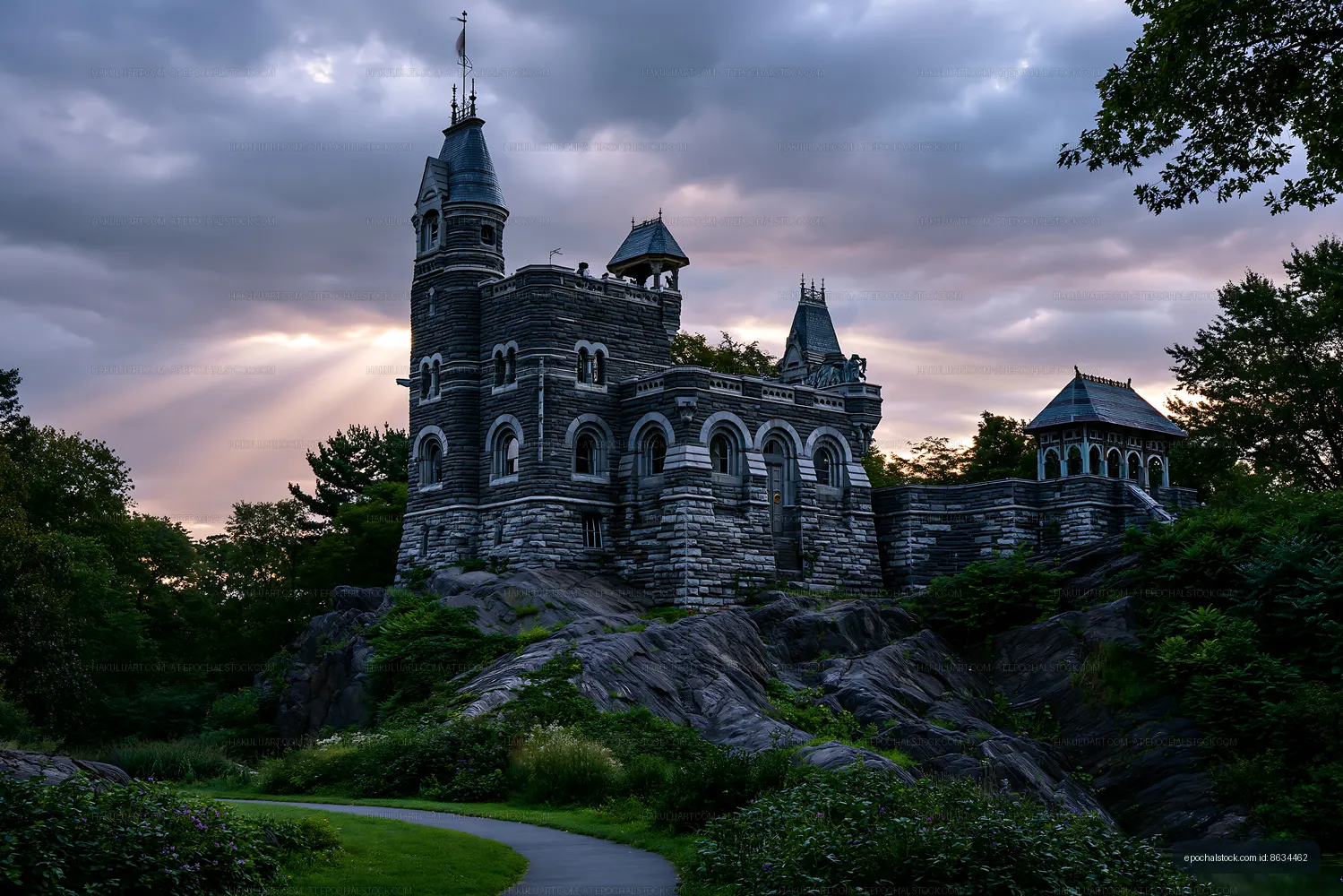 Ornate stone castle beneath a dramatic evening sky