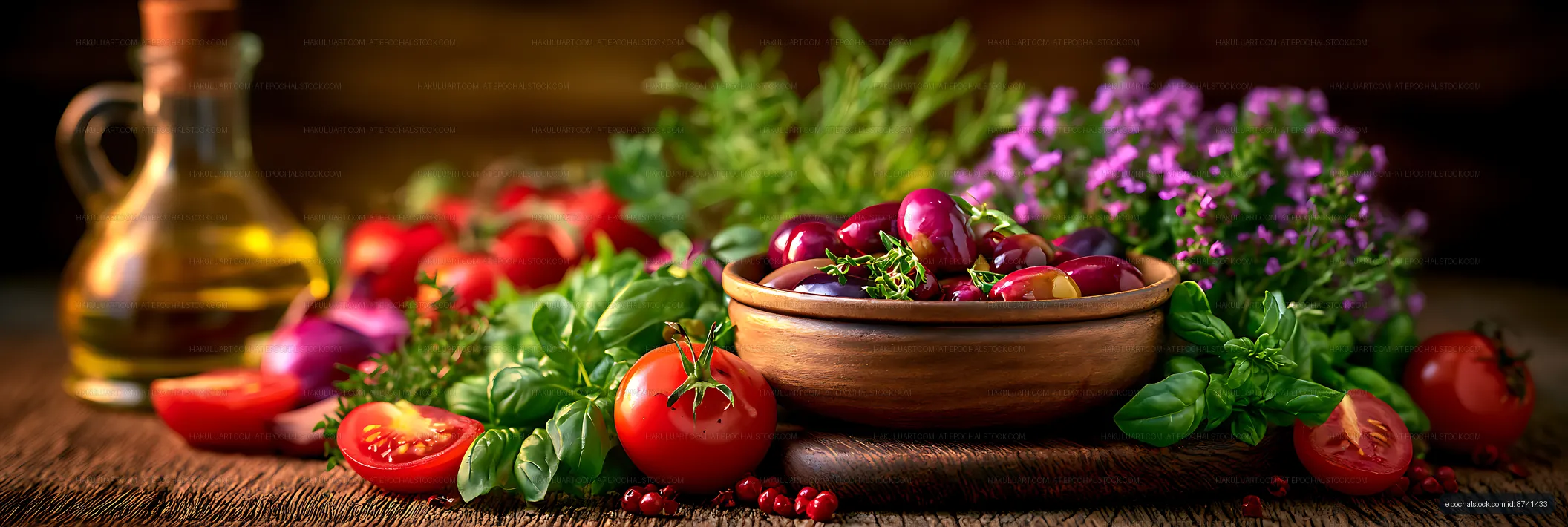 Fresh olives and garden produce in a rustic tabletop still life