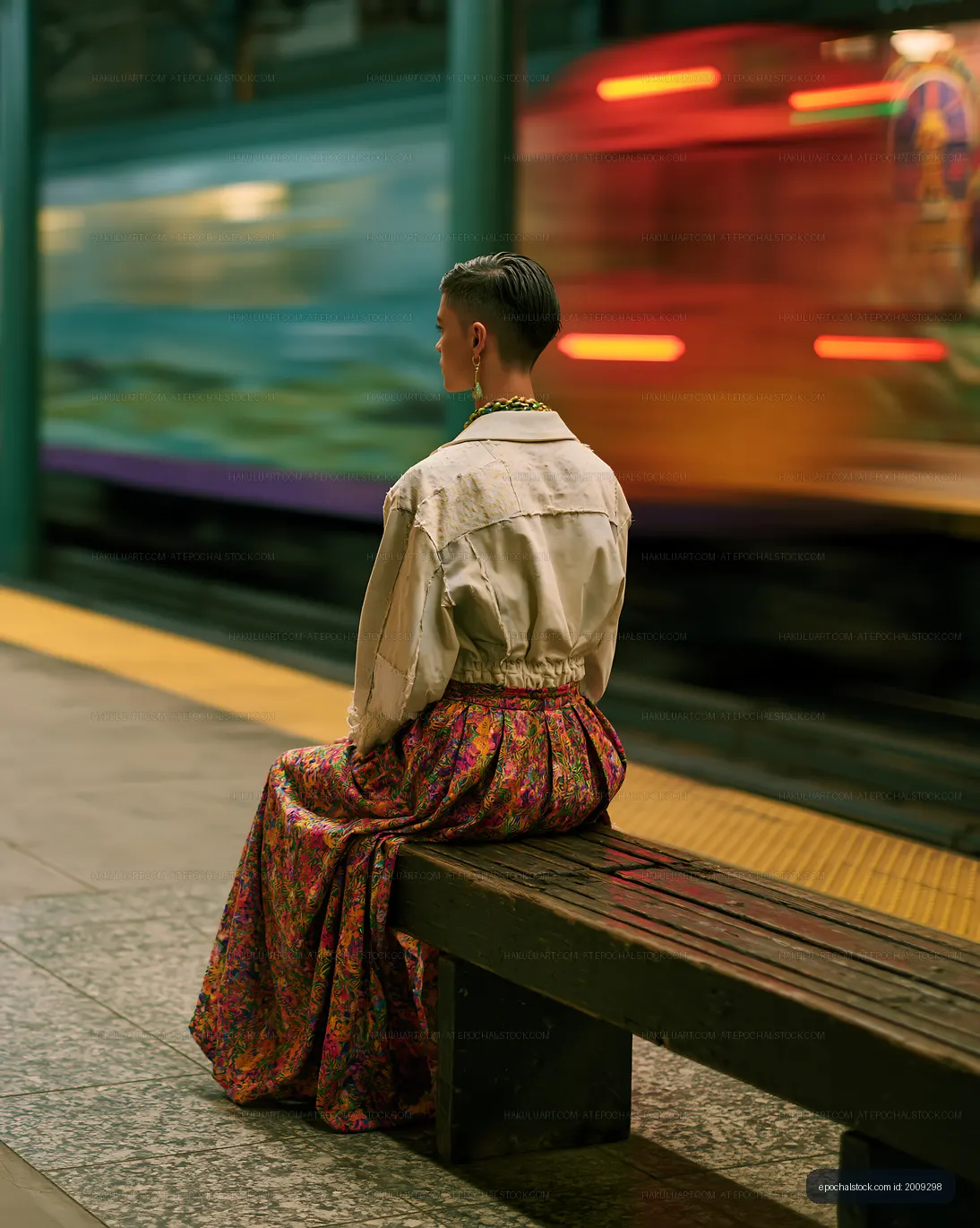 Person on subway platform with motion-blurred train