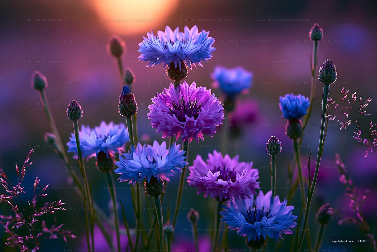 Vibrant flowers blooming at sunset in a colorful meadow