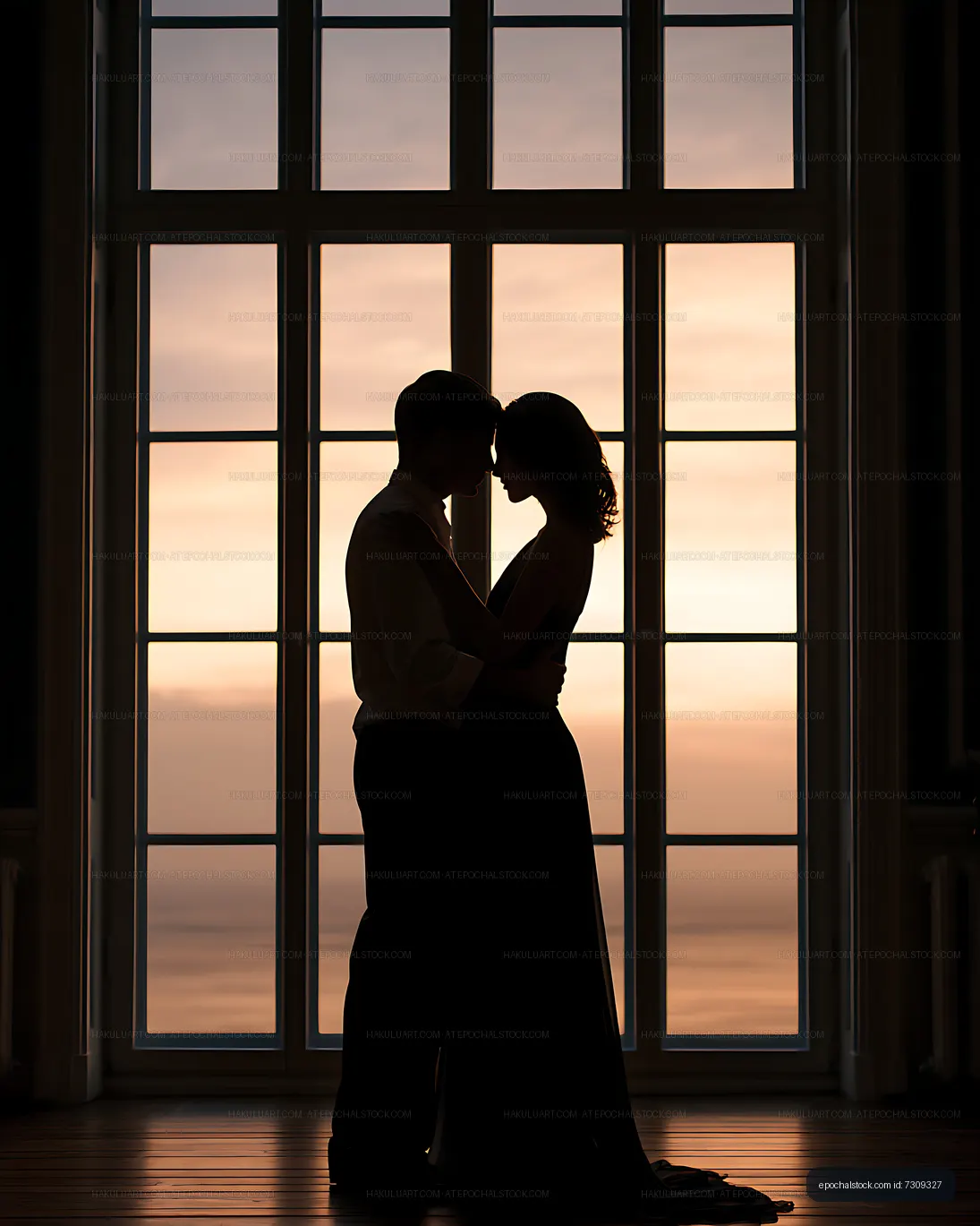 Two people embracing in silhouette beside a sunset window