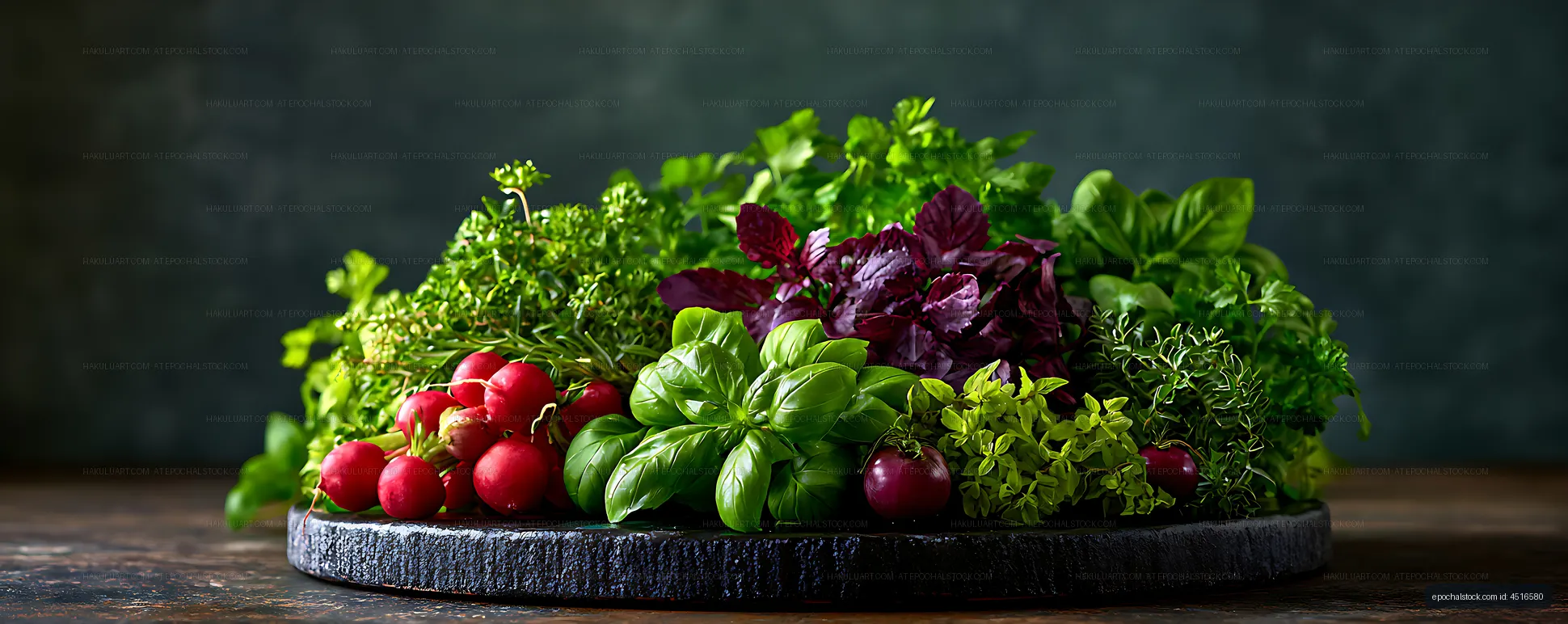 Assortment of fresh herbs and radishes in dramatic light