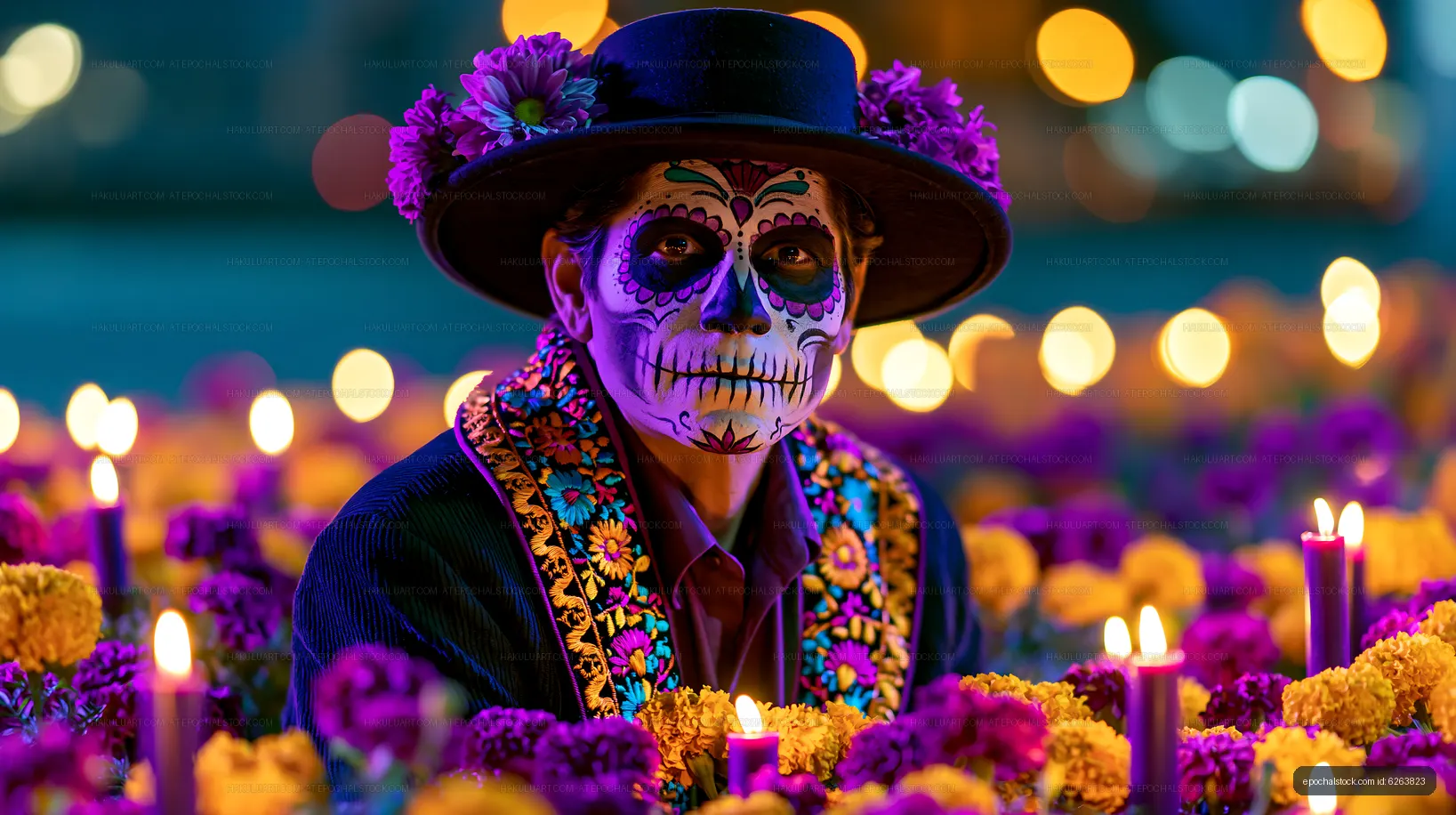 Colorful portrait with skull face paint, flowers, and candles