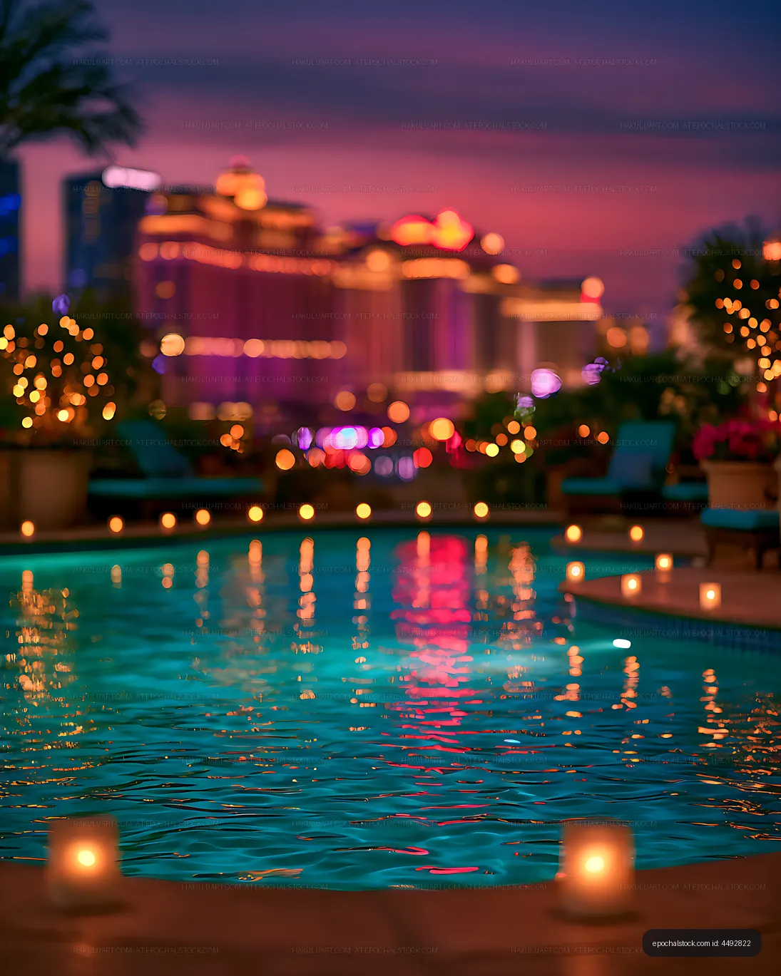 Vibrant illuminated pool at evening twilight
