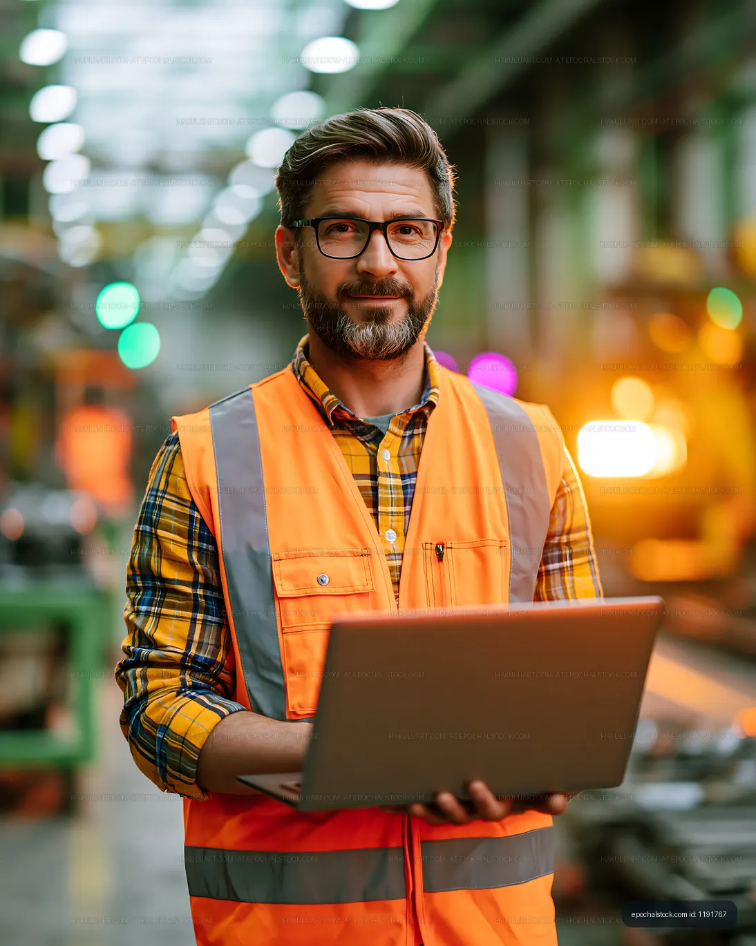 Warehouse worker using laptop while wearing safety gear