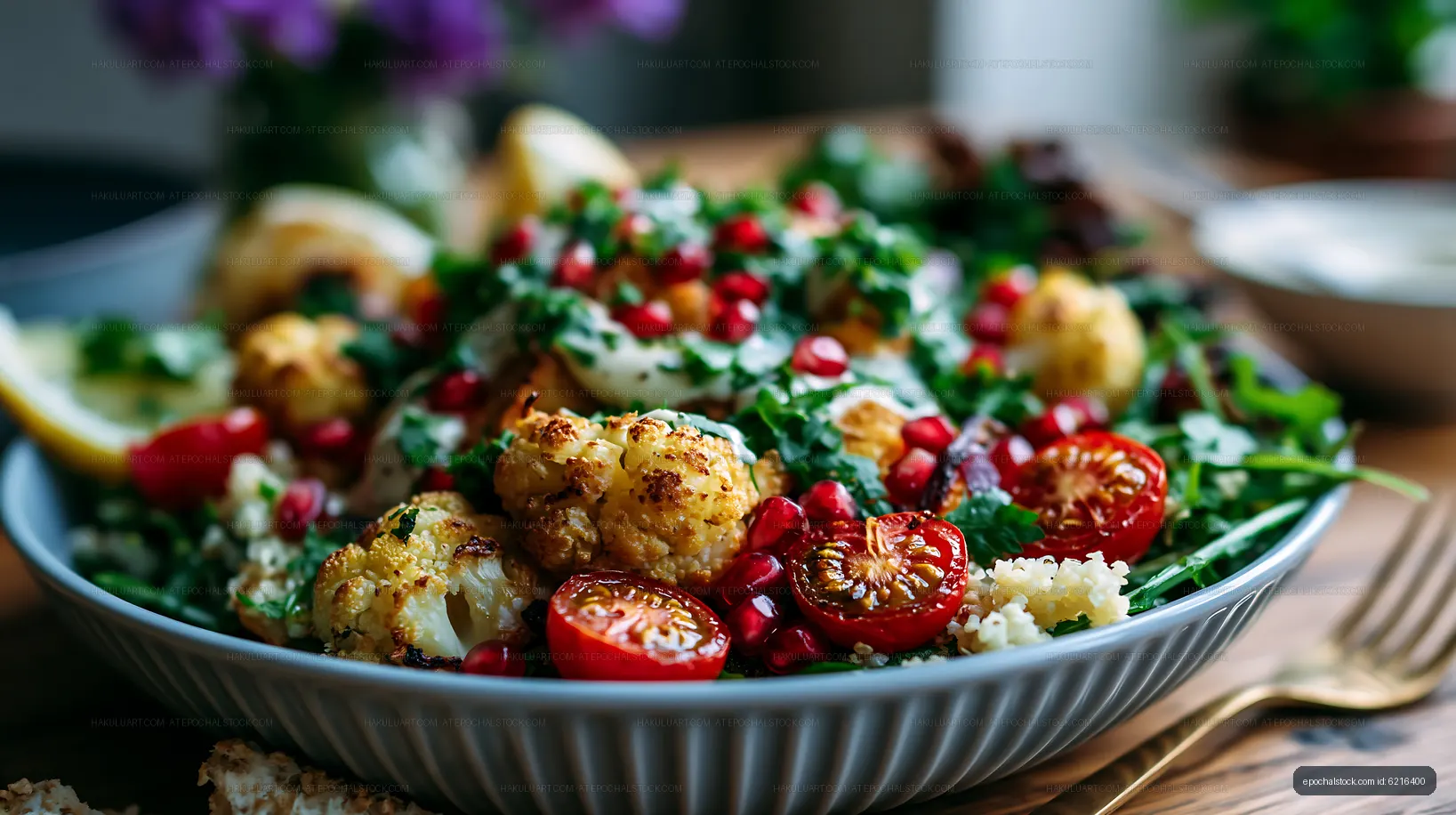 Healthy vegetable salad with roasted cauliflower and pomegranate