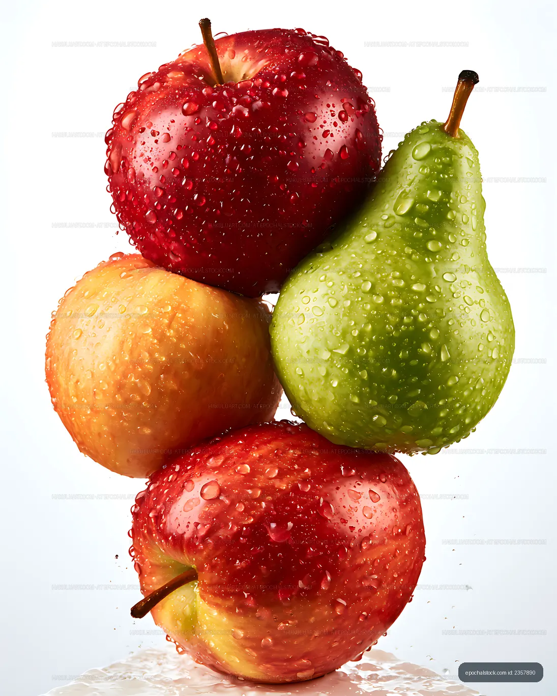 Stacked apples and pear with fresh water drops