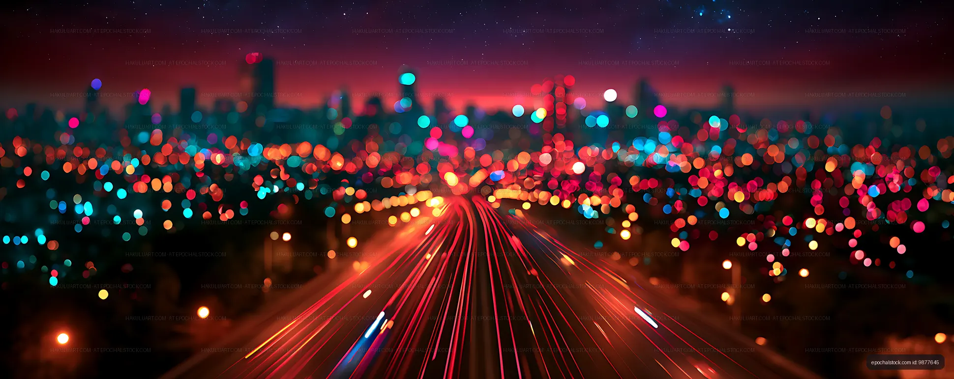 Neon city skyline with converging nighttime light trails