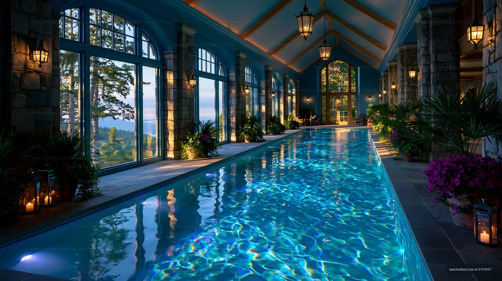 Grand indoor pool with lanterns and scenic windows