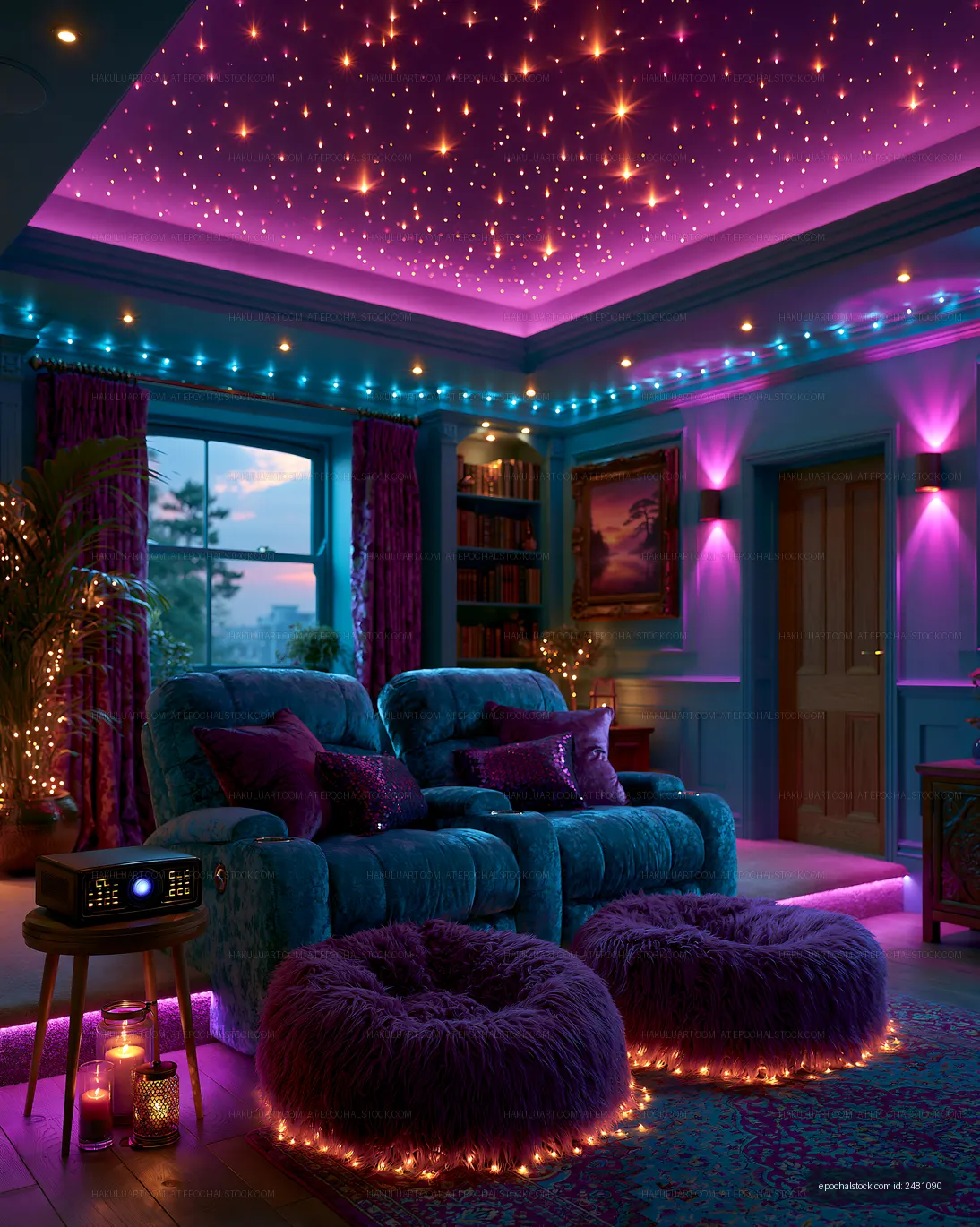Colorful Home Theater Lounge with Plush Seating and Starry Ceiling