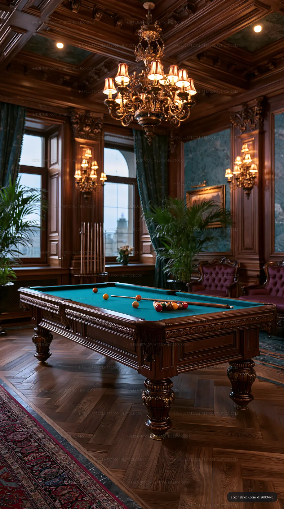 Historic-style billiards room with elaborate wood details