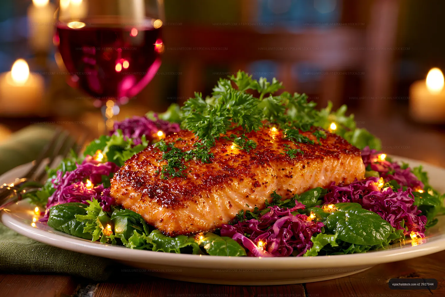 Glazed salmon dinner served with leafy salad and cabbage