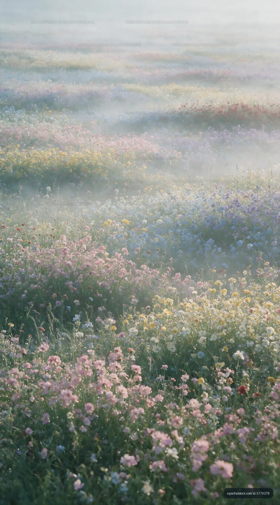 Colorful flower field with mist in the early morning