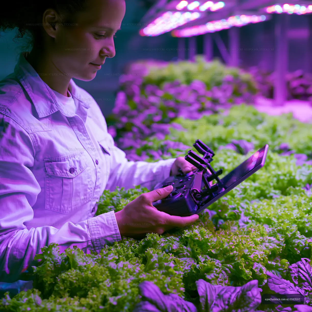 Indoor agriculture worker monitoring leafy greens