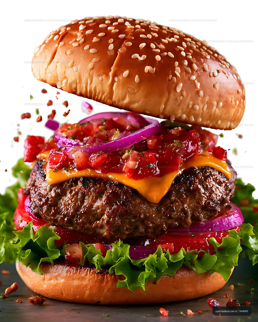 Stacked cheeseburger with sesame bun, vegetables, and melted cheese