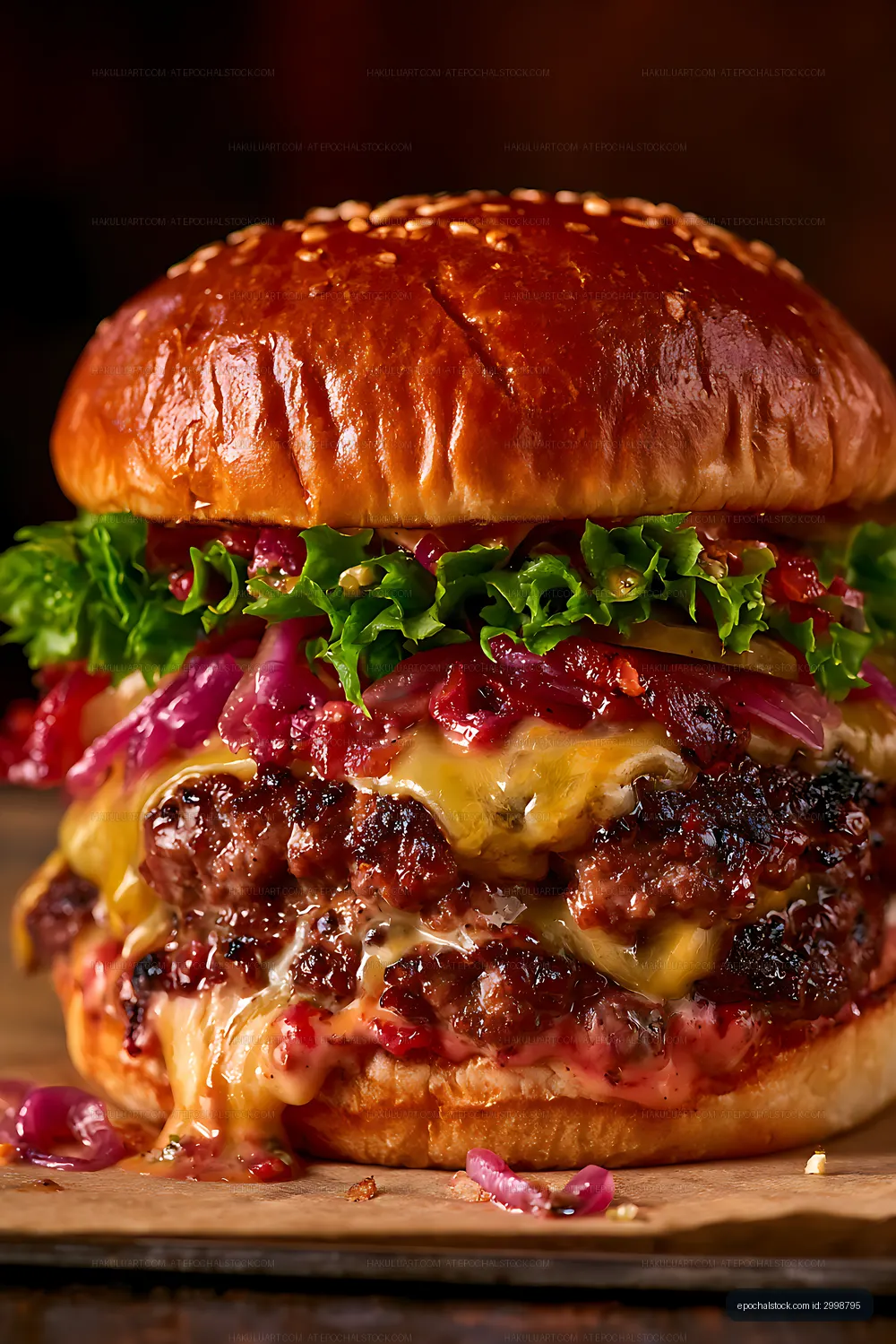Juicy stacked cheeseburger on a wooden surface