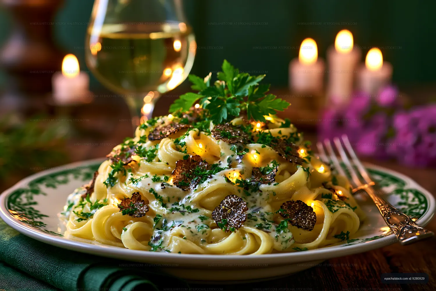 Tortellini with truffle in creamy sauce by candlelight