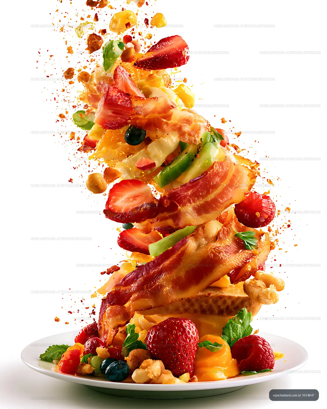 Dramatic colorful food tower with fruit and pastry