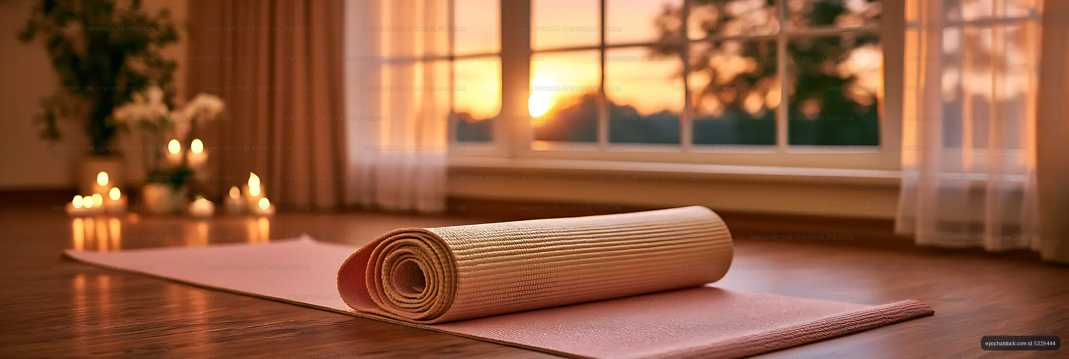 Warm sunset interior with rolled yoga mat