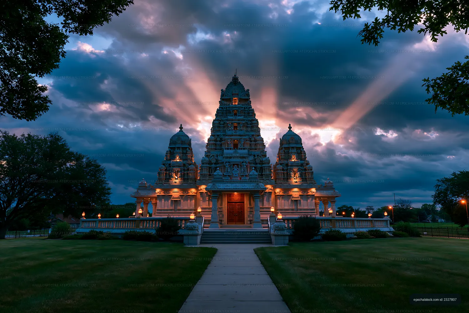 Symmetrical illuminated temple at dusk