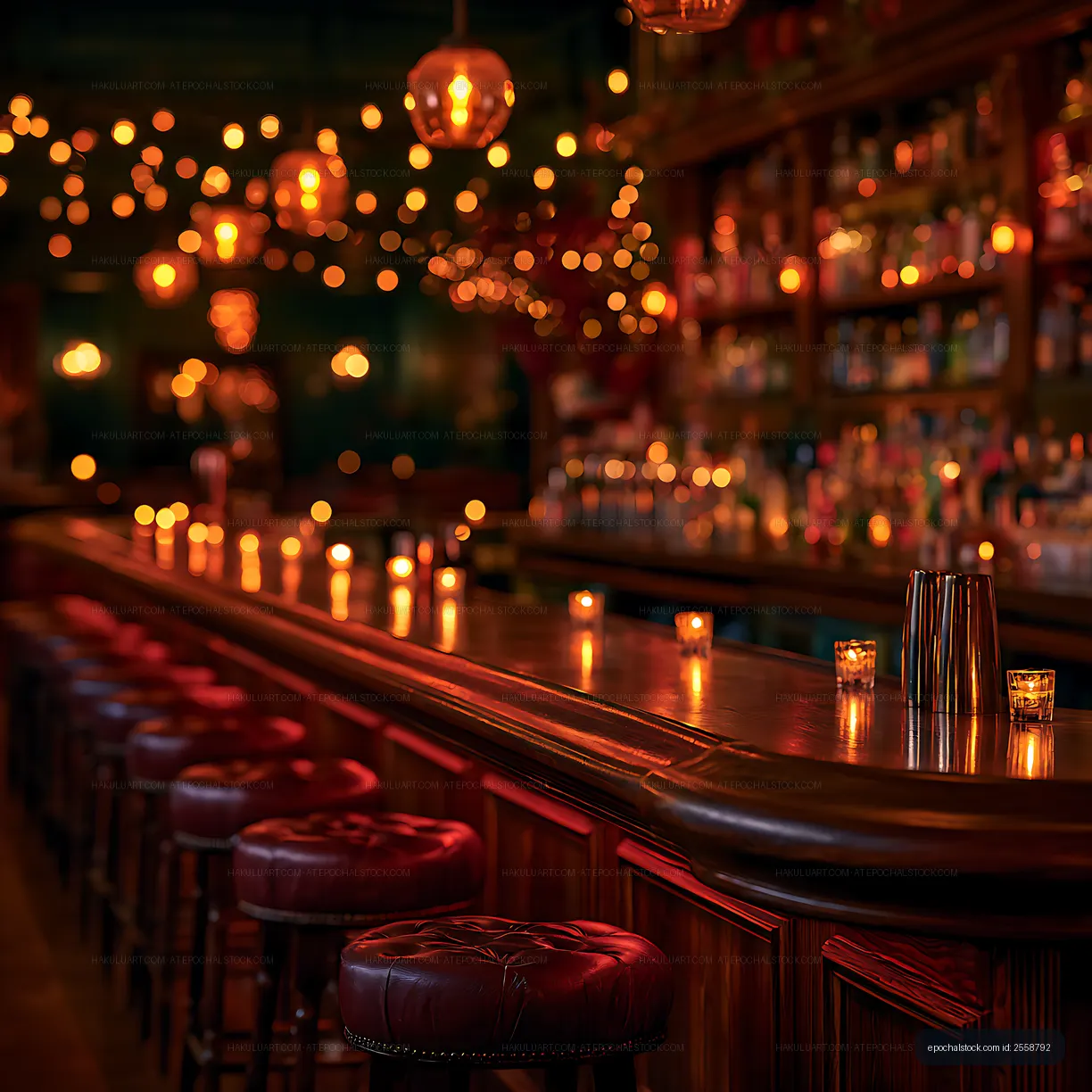 Moody cocktail lounge with warm lights and red bar stools