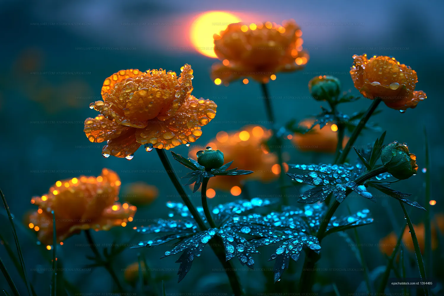 Raindrops on orange blossoms with colorful bokeh