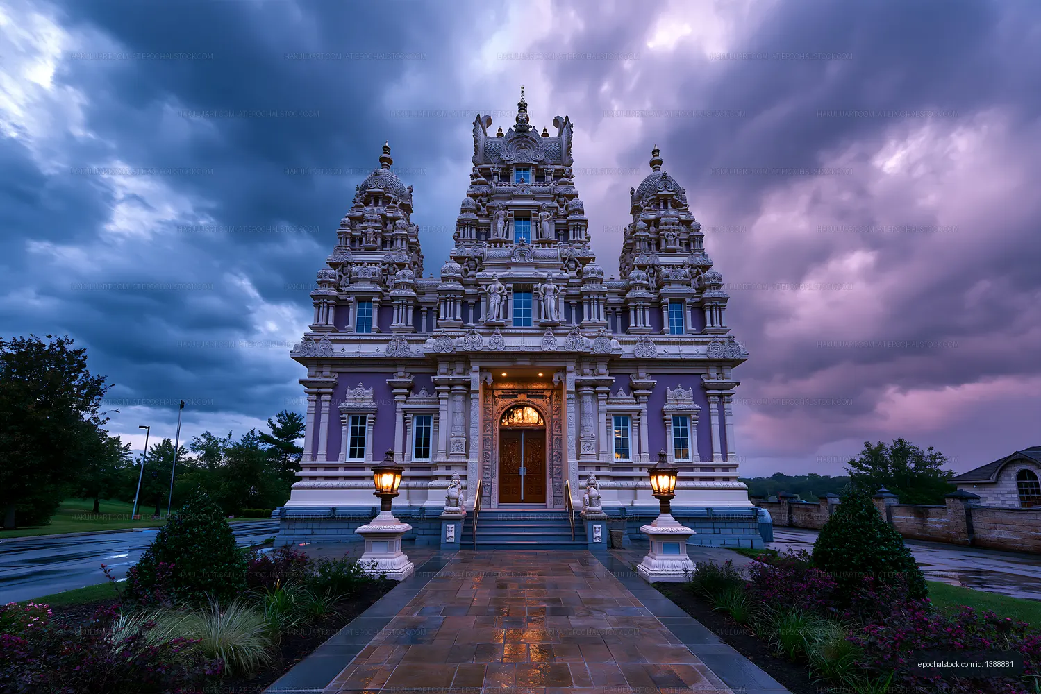 Ornate temple entrance with dramatic cloudy sky