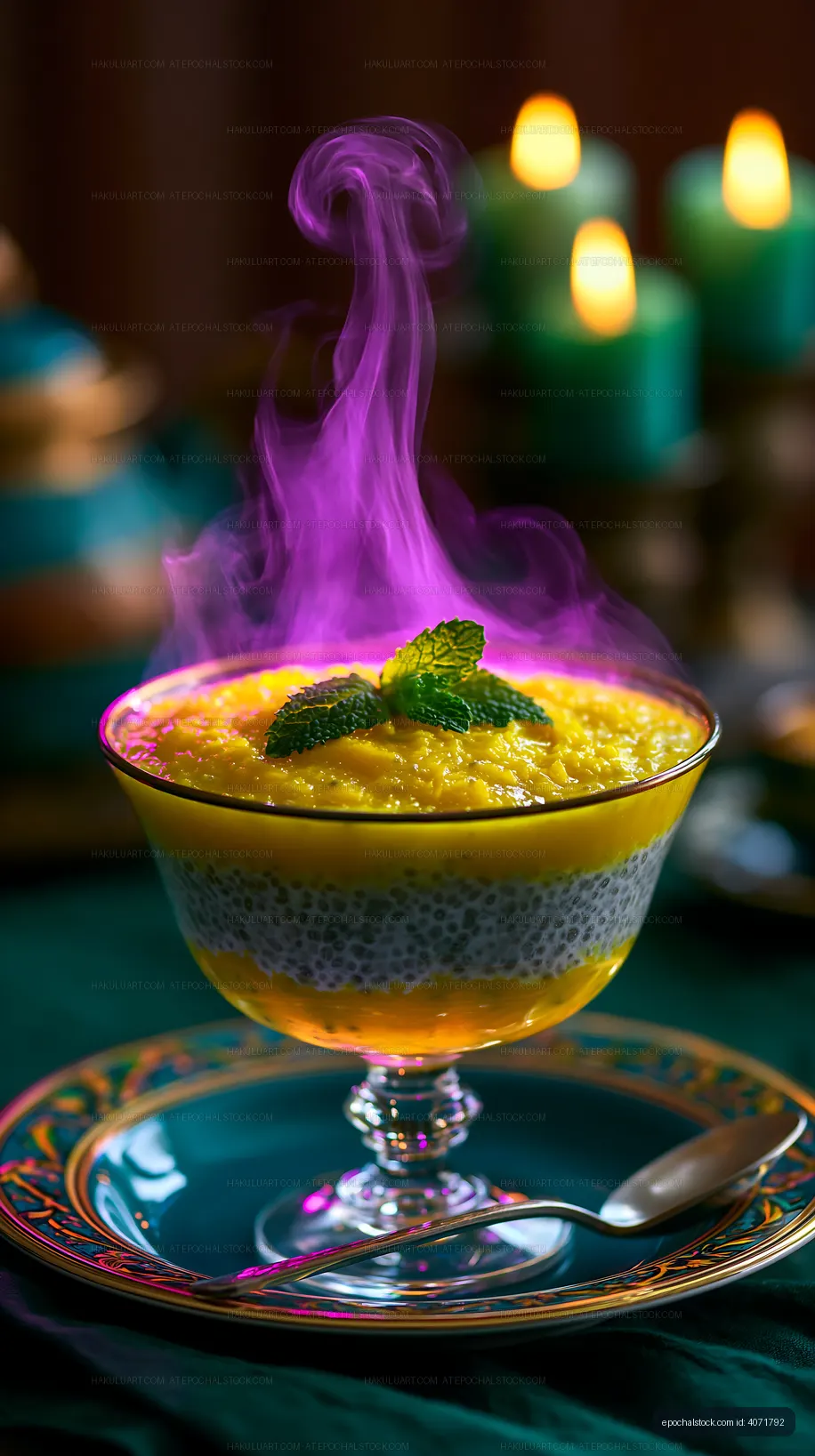 Elegant chia pudding dessert with mango and mint