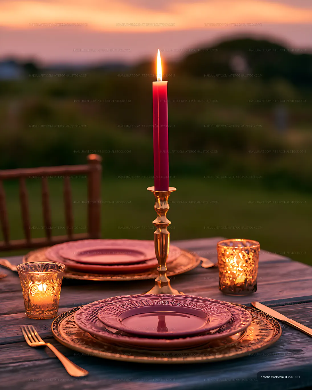 Candlelit outdoor dinner setting during a warm sunset