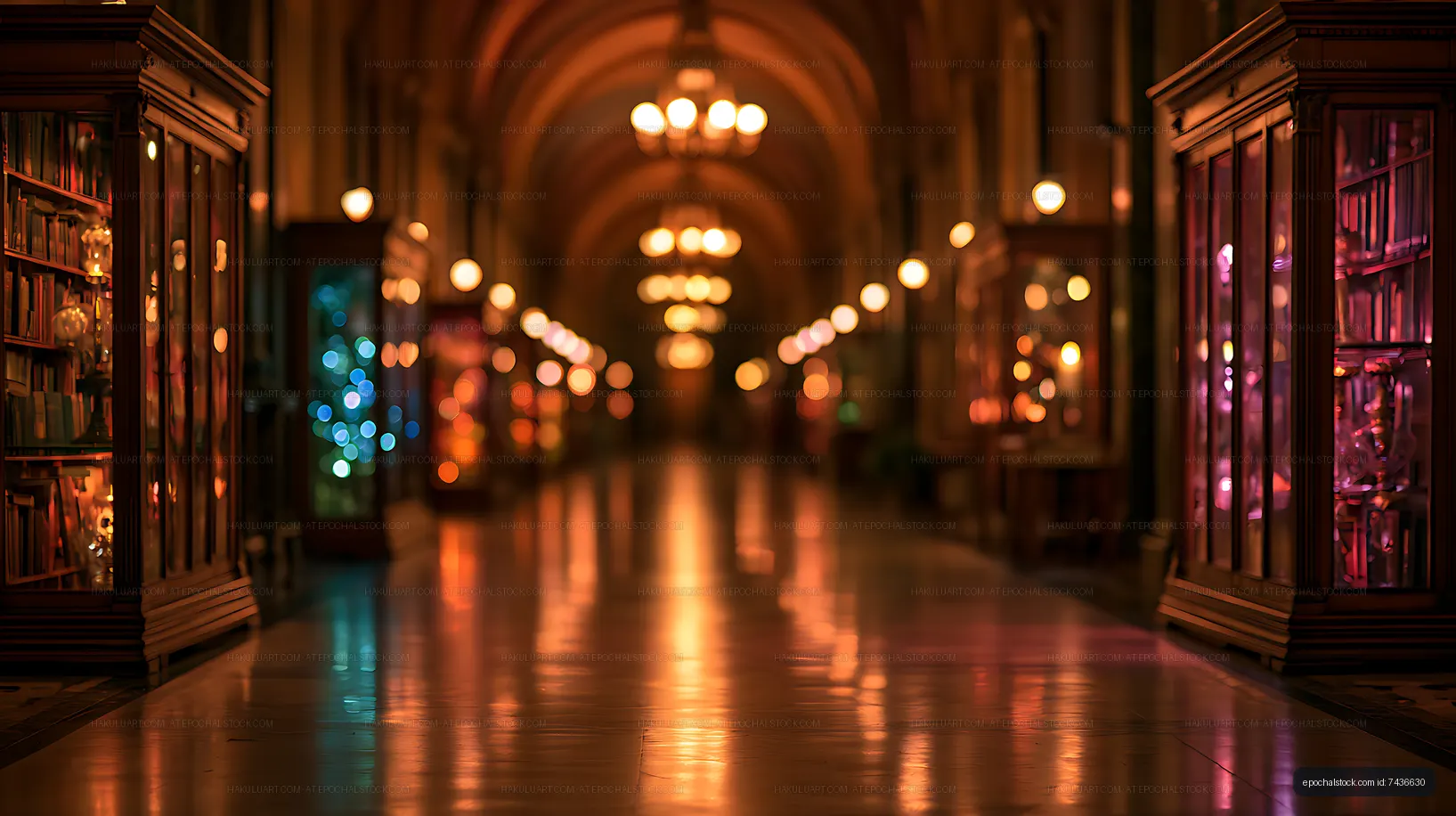 Atmospheric illuminated gallery hallway with colorful reflections